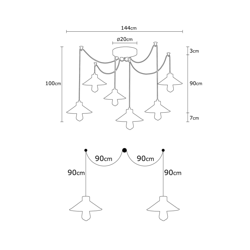 Technický výkres stropného svietidla zobrazuje päť a tri ramená s kužeľovitými tienidlami. Rozmery: 144cm x 20cm, výška 100cm, šírka 90cm, dĺžka ramien 90cm.