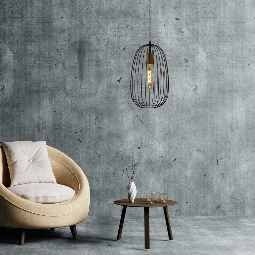 Závesný luster OVELLA na lanku 1xE27/15W/230V, priemer 25 cm, čierna/borovica
