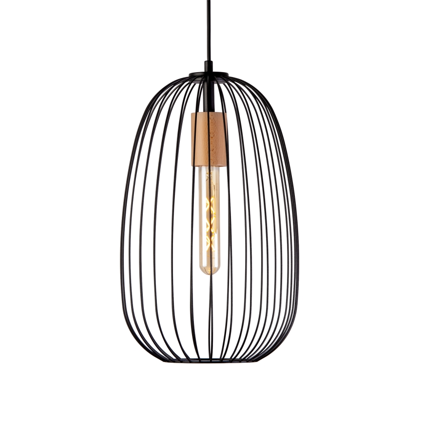 Závesný luster OVELLA na lanku 1xE27/15W/230V, priemer 25 cm, čierna/borovica