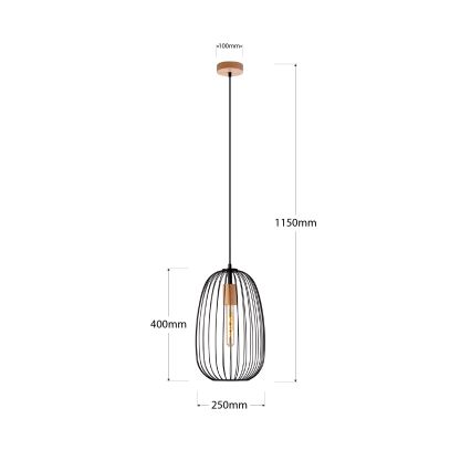 Závesný luster OVELLA na lanku 1xE27/15W/230V, priemer 25 cm, čierna/borovica