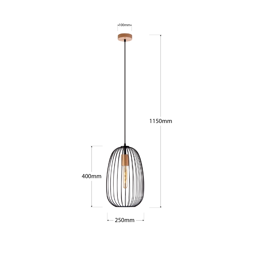 Závesný luster OVELLA na lanku 1xE27/15W/230V, priemer 25 cm, čierna/borovica