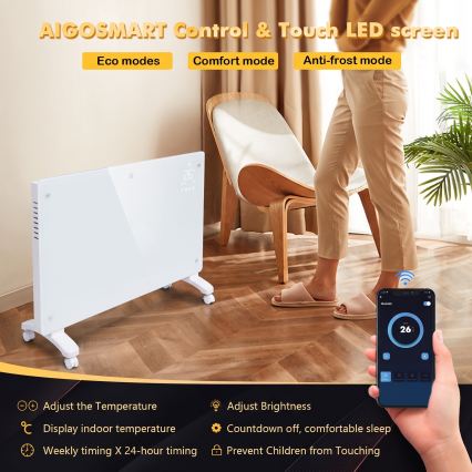 ZEVENTI - Inteligentný elektrický priamotop/konvektor s LCD displejom ECO/1000/2000W/230V Wi-Fi biela