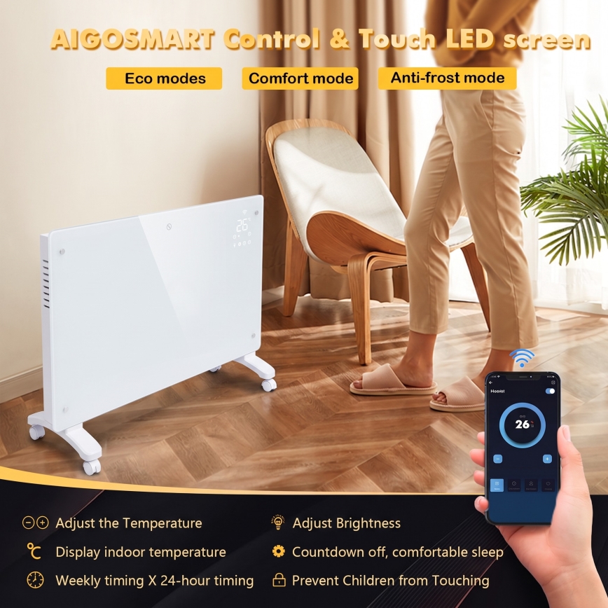 ZEVENTI - Inteligentný elektrický priamotop/konvektor s LCD displejom ECO/1000/2000W/230V Wi-Fi biela