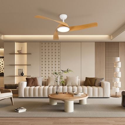 ZEVENTI - LED Stmievateľný stropný ventilátor AERYS LED/24W/230V 3000/4000/6000K Wi-Fi Tuya biela/dub + diaľkové ovládanie