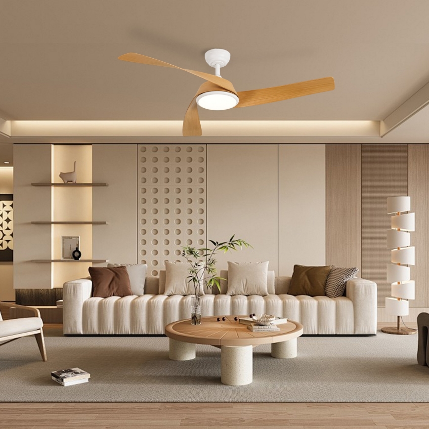 ZEVENTI - LED Stmievateľný stropný ventilátor AERYS LED/24W/230V 3000/4000/6000K Wi-Fi Tuya biela/dub + diaľkové ovládanie