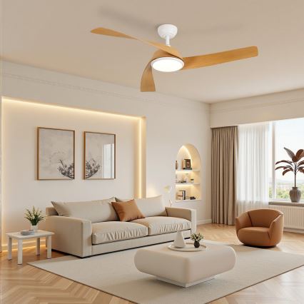ZEVENTI - LED Stmievateľný stropný ventilátor AERYS LED/24W/230V 3000/4000/6000K Wi-Fi Tuya biela/dub + diaľkové ovládanie