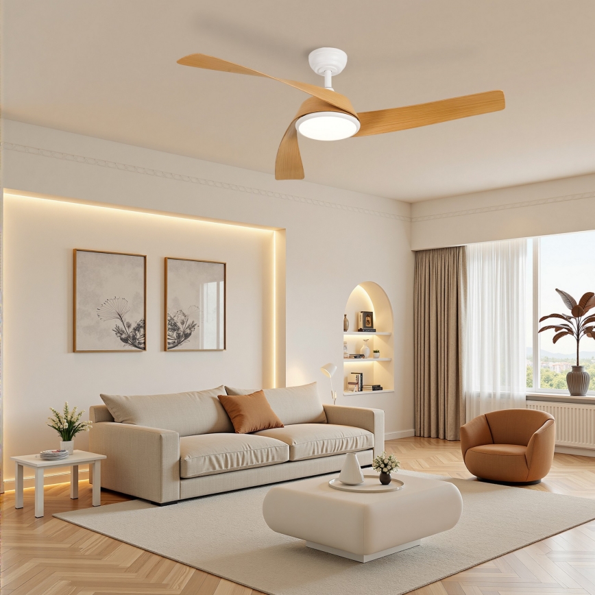 ZEVENTI - LED Stmievateľný stropný ventilátor AERYS LED/24W/230V 3000/4000/6000K Wi-Fi Tuya biela/dub + diaľkové ovládanie