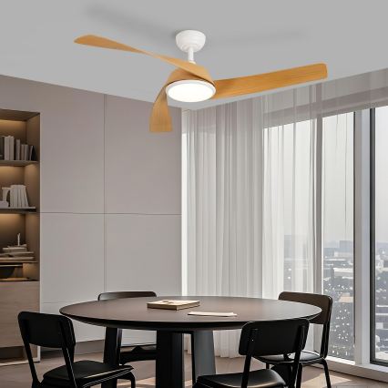 ZEVENTI - LED Stmievateľný stropný ventilátor AERYS LED/24W/230V 3000/4000/6000K Wi-Fi Tuya biela/dub + diaľkové ovládanie