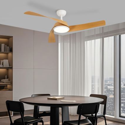 ZEVENTI - LED stmievateľný stropný ventilátor AERYS LED/24W/230V 3000/4000/6000K Wi-Fi Tuya biela/dub + diaľkové ovládanie