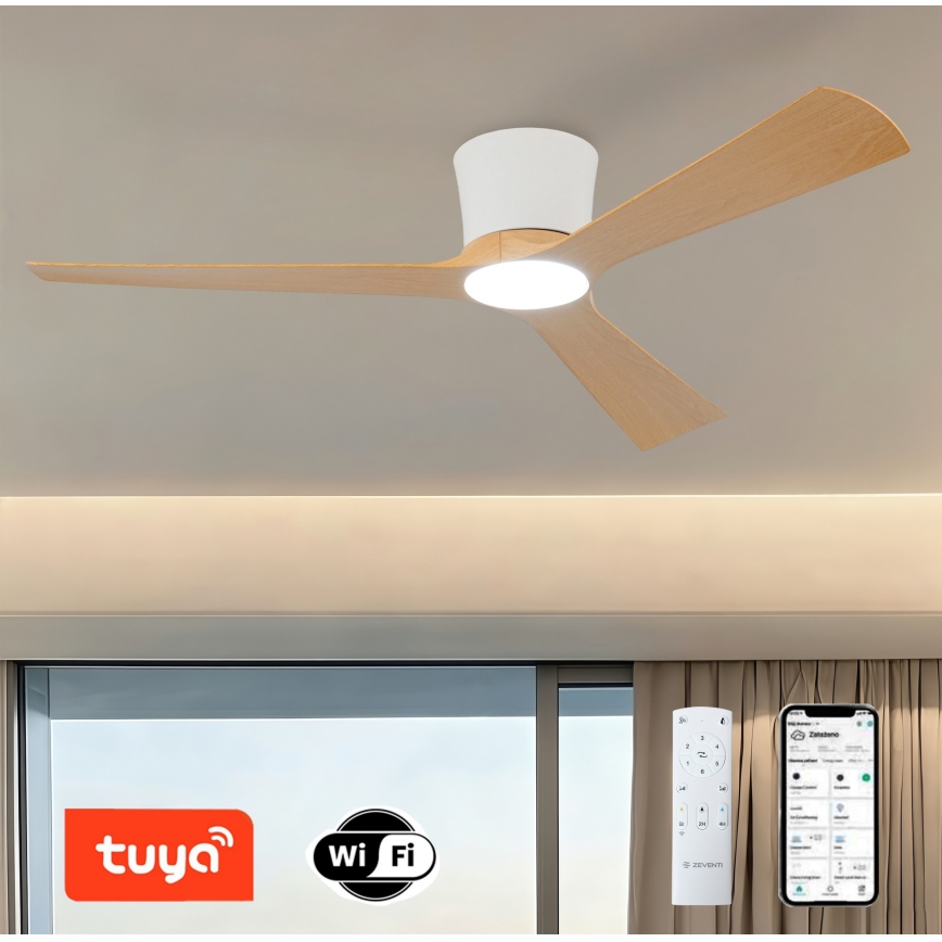 ZEVENTI - LED stmievateľný stropný ventilátor AUREX LED/24W/230V 3000/4000/6000K Wi-Fi Tuya biela/dub + diaľkové ovládanie