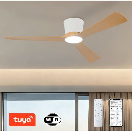 ZEVENTI - LED Stmievateľný stropný ventilátor AUREX LED/24W/230V 3000/4000/6000K Wi-Fi Tuya biela/dub + diaľkové ovládanie