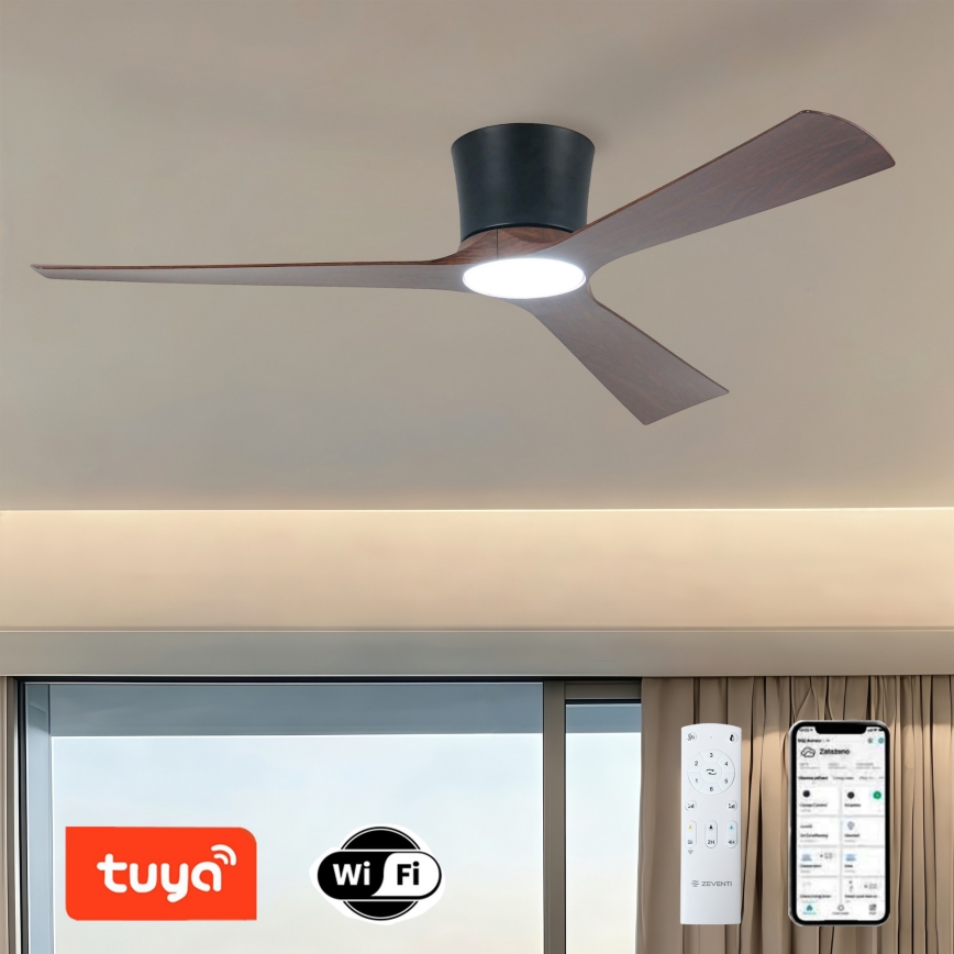 ZEVENTI - LED Stmievateľný stropný ventilátor AUREX LED/24W/230V 3000/4000/6000K Wi-Fi Tuya čierna/orech + diaľkové ovládanie