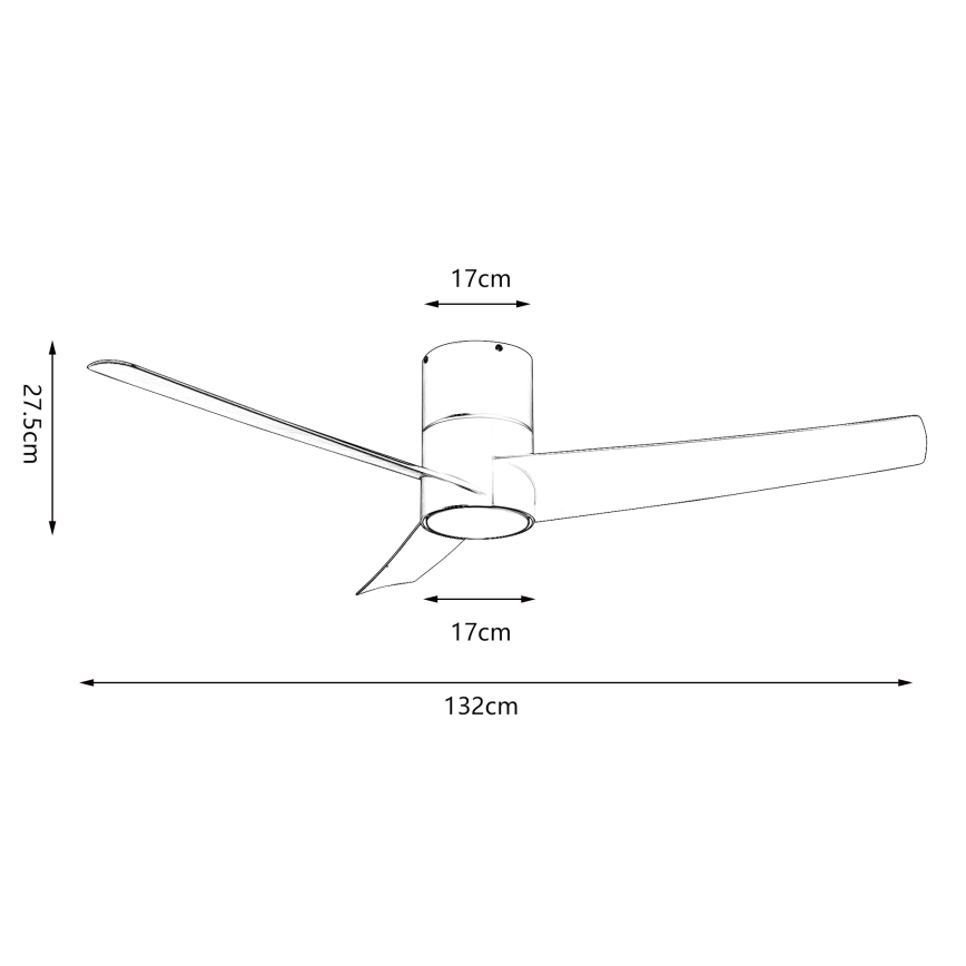 Trojlistý stropný ventilátor s priemerom 132 cm a výškou 27,5 cm rotuje. Rozpätie lopatiek je 17 cm.