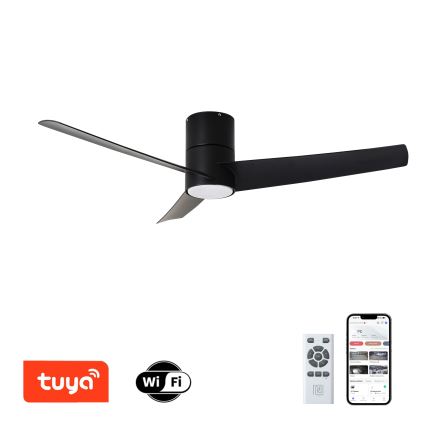 Čierny stropný ventilátor s dvoma lopatkami sa otáča. Je ovládateľný diaľkovým ovládačom a mobilnou aplikáciou. Ventilátor je vybavený integrovaným osvetlením. Logo Tuya a Wi-Fi označenie sú zobrazené.