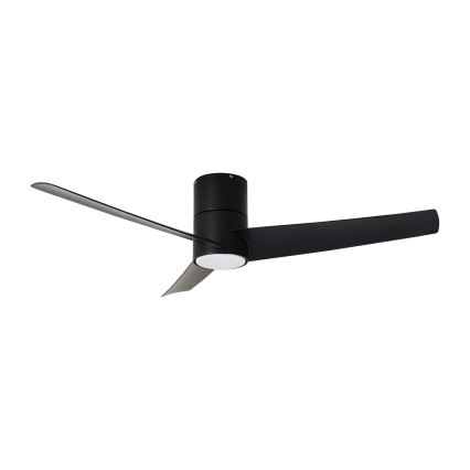 Stropný ventilátor s tromi lopatkami rotuje. Je čiernej farby s valcovým telom a zabudovaným svetlom. Ventilátor je umiestnený na bielom pozadí.