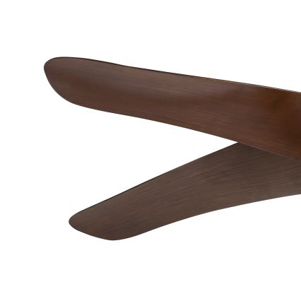 Dve hnedé lopatky stropného ventilátora sa pretínajú. Lopatky sú dlhé, úzke a zakrivené. Sú umiestnené na bielom pozadí.