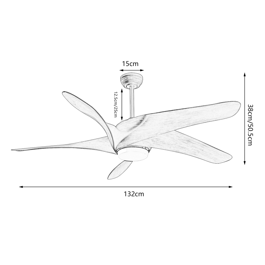 Stropný ventilátor s piatimi lopatkami rotujúci. Rozmery: priemer 132 cm, dĺžka lopatiek 38/50,5 cm, výška 12,5/25 cm, priemer stropnej časti 15 cm.