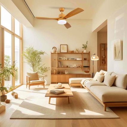 Drevený stropný ventilátor s osvetlením sa otáča v svetlej obývacej izbe zariadenej v škandinávskom štýle s dreveným nábytkom, kobercom a rastlinami.