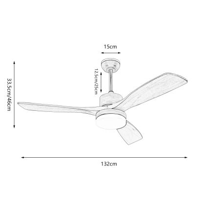 Drevený stropný ventilátor s tromi lopatkami sa otáča. Má priemer 132 cm, lopaty 33,5/46 cm, výšku 12,5/25 cm a stropnú časť 15 cm.