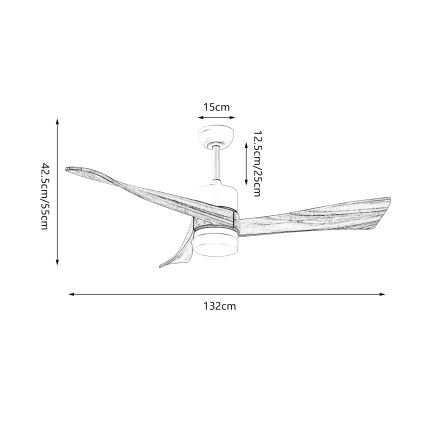 Trojlistý stropný ventilátor s drevenými lopatkami; otáča sa; rozmery: priemer 132 cm, výška 15 cm/25 cm, dĺžka lopatiek 42,5 cm/55 cm.