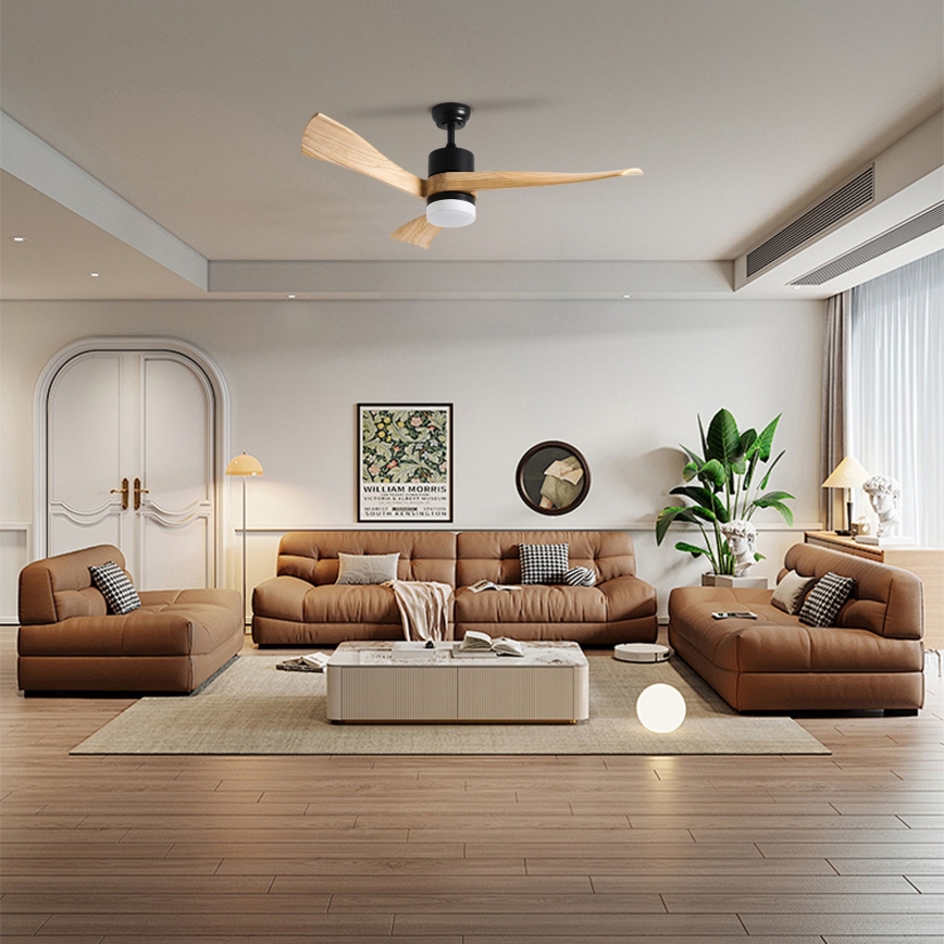 Drevený stropný ventilátor s osvetlením sa nachádza v obývacej izbe s hnedou koženou sedačkou, konferenčným stolíkom a rastlinou. Na stene visí obraz s textom: „WILLIAM MORRIS SOUTH KENSINGTON“.