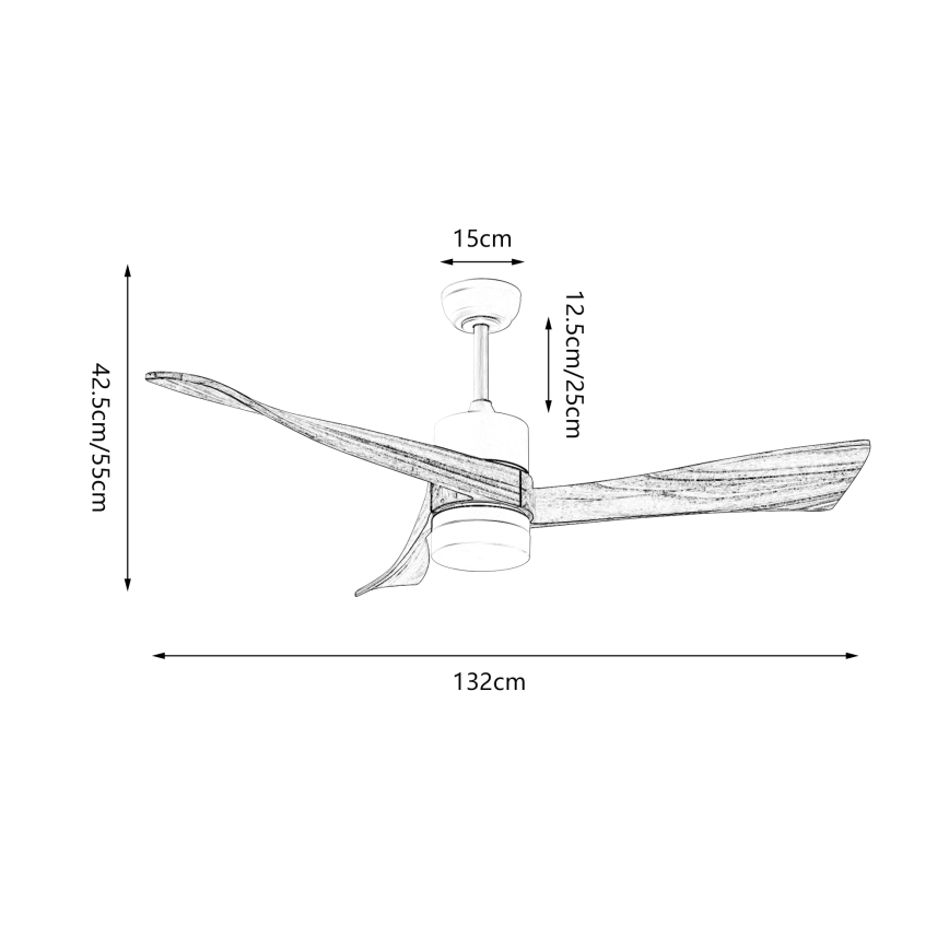 Trojlistý stropný ventilátor s drevenými lopatkami rotuje. Rozmery: priemer 132 cm, výška 15/25 cm, dĺžka lopatiek 42,5/55 cm.
