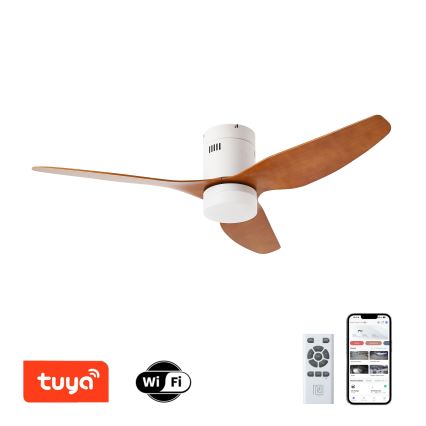 Stropný ventilátor s tromi drevenými lopatkami a bielym telom rotuje. Je ovládateľný diaľkovým ovládačom a mobilnou aplikáciou. Ventilátor podporuje Wi-Fi a Tuya Smart.