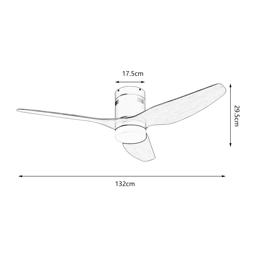 Trojlistý stropný ventilátor s priemerom 132 cm a výškou 17,5 cm, má lopatky s dĺžkou 29,5 cm. Je zobrazený v čiernobielej skicovej podobe.