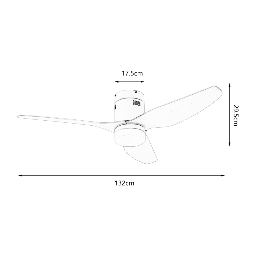 Biely stropný ventilátor s tromi lopatkami sa otáča. Rozmery: priemer lopatiek 132 cm, výška 17,5 cm, dĺžka lopatiek 29,5 cm.