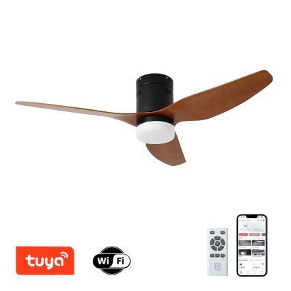 Stropný ventilátor s drevenými lopatkami a čiernym telom s integrovaným svetlom sa otáča. Súčasťou je diaľkové ovládanie a mobilná aplikácia. Ventilátor je kompatibilný s Wi-Fi a Tuya Smart.