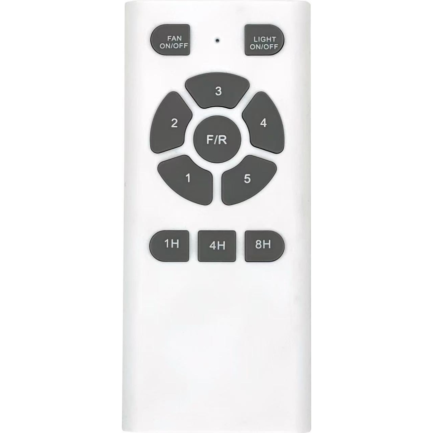 Diaľkový ovládač riadi ventilátor a svetlo. Má tlačidlá pre zapínanie/vypínanie, reguláciu rýchlosti (1-5), smer otáčania (F/R) a časovač (1H, 4H, 8H). Je biely s tmavosivými tlačidlami.