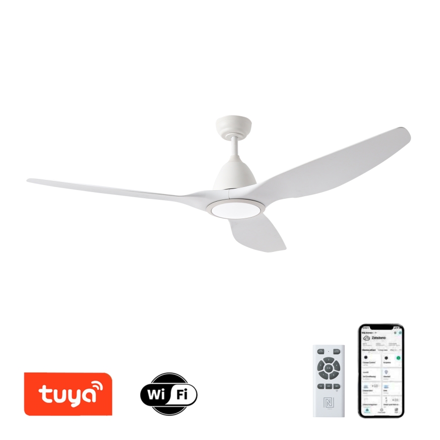 Biely stropný ventilátor s tromi lopatkami sa otáča. Je ovládaný diaľkovým ovládačom a mobilnou aplikáciou. Ventilátor je vybavený integrovaným osvetlením a podporuje Wi-Fi a Tuya Smart.