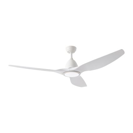 Biely stropný ventilátor s tromi lopatkami rotuje. Ventilátor má zabudované svetlo. Je umiestnený na bielom pozadí.