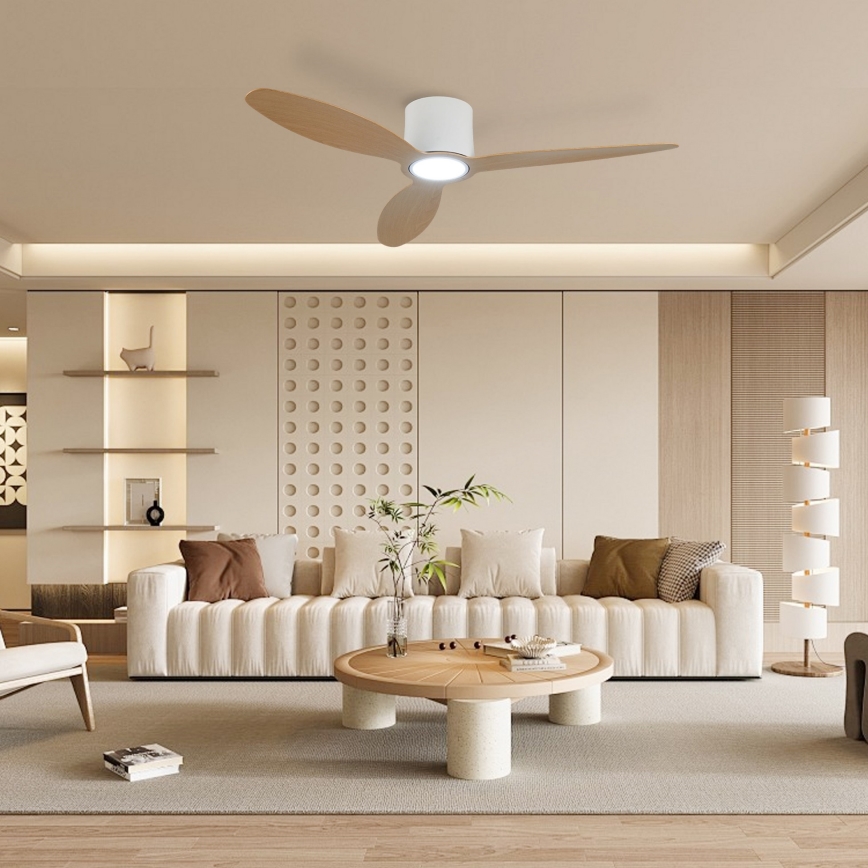 ZEVENTI - LED stlmiteľný stropný ventilátor VENTORA LED/24W/230V 3000/4000/6000K Wi-Fi Tuya biela/dub + diaľkové ovládanie