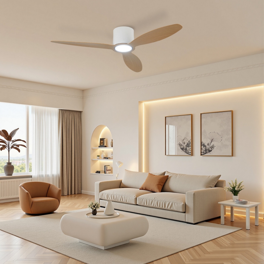 ZEVENTI - LED stlmiteľný stropný ventilátor VENTORA LED/24W/230V 3000/4000/6000K Wi-Fi Tuya biela/dub + diaľkové ovládanie