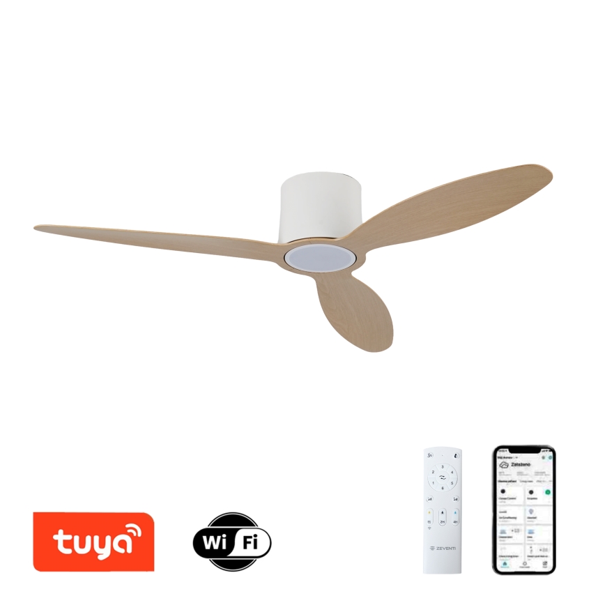 ZEVENTI - LED stmievateľný stropný ventilátor VENTORA LED/24W/230V 3000/4000/6000K Wi-Fi Tuya biela/dub + diaľkové ovládanie
