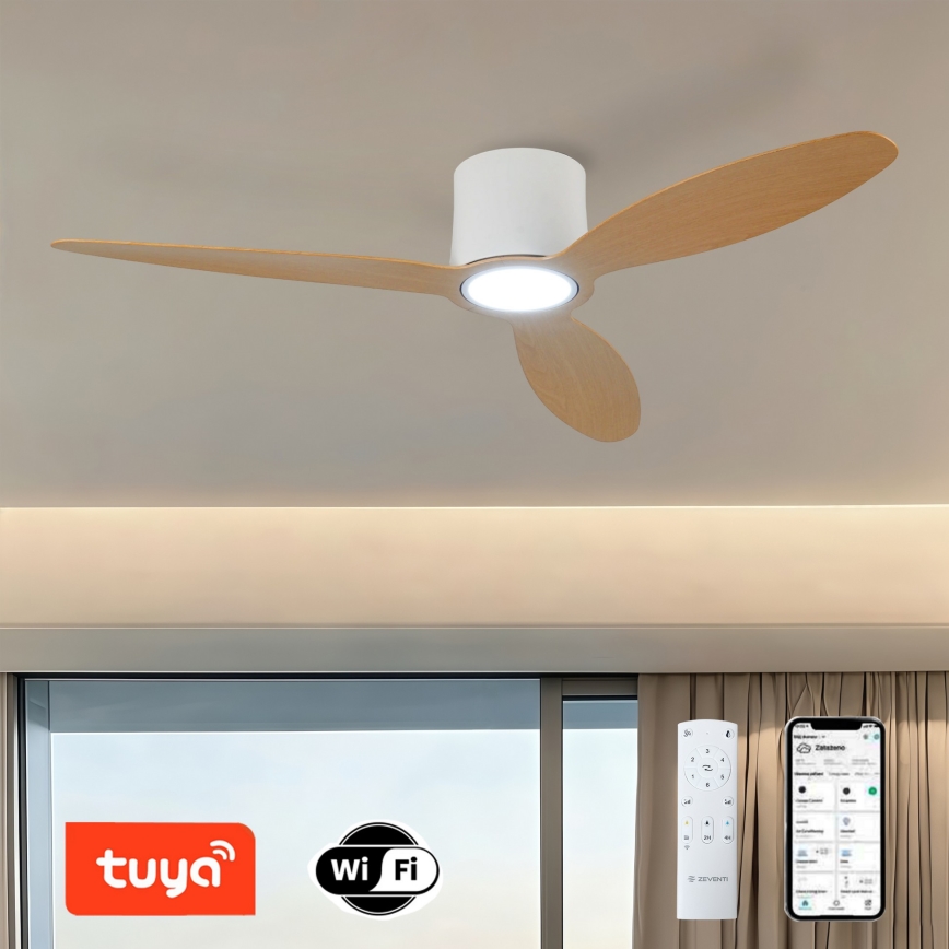 ZEVENTI - LED stmievateľný stropný ventilátor VENTORA LED/24W/230V 3000/4000/6000K Wi-Fi Tuya biela/dub + diaľkové ovládanie