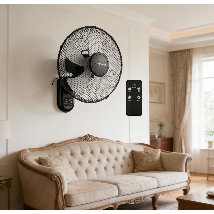 ZEVENTI - Nástenný ventilátor FANNY 45W/230V pr. 41 cm čierny + diaľkové ovládanie