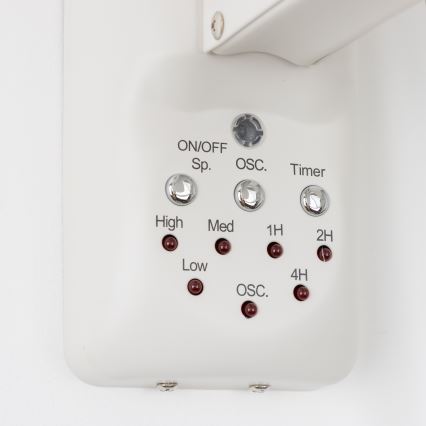Biela ovládacia jednotka s tlačidlami pre zapínanie/vypínanie, nastavenie rýchlosti (High, Med, Low) a časovača (1H, 2H, 4H), plus oscilačné funkcie (OSC.). Indikátory svietia červeno.