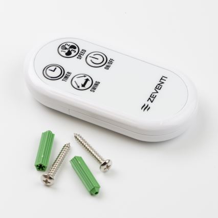 Diaľkové ovládanie Zeventi leží na bielom podklade. Ovládanie má tlačidlá pre zapínanie/vypínanie, nastavenie rýchlosti, časovača a kývania. Priložené sú dva zelené hmoždinky a dva skrutky.