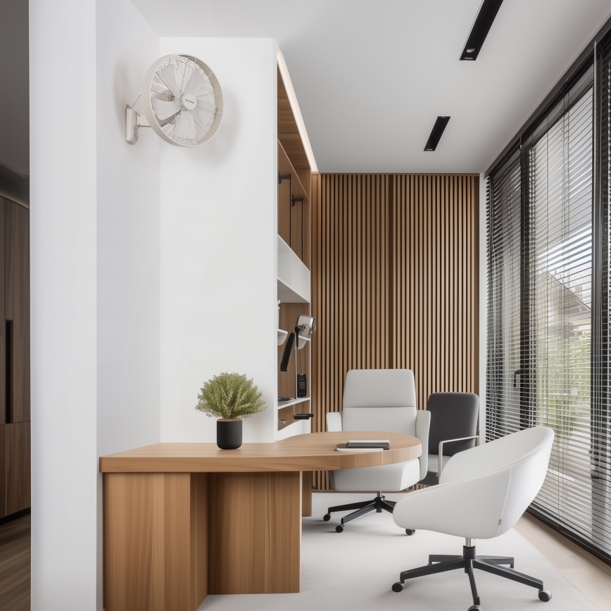 Stenový ventilátor je namontovaný na stene modernej kancelárie. Kancelária má drevený stôl, biele kancelárske stoličky a veľké okno s žalúziami.