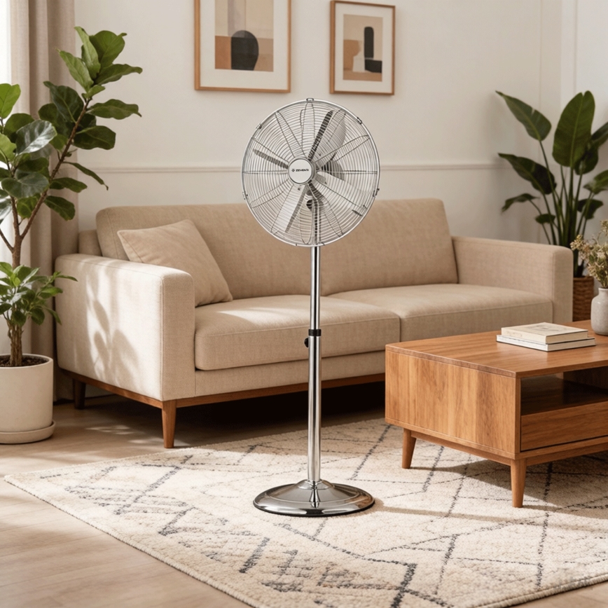 ZEVENTI - Stojanový ventilátor FLOW 50 W/230 V, priemer 45 cm, lesklý chróm
