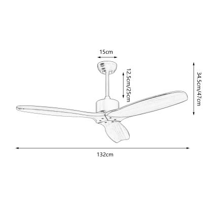 Trojlistý stropný ventilátor s drevenými lopatkami, rozpätím 132 cm a výškou 25 cm, je znázornený s rozmermi: priemer 15 cm pre stropnú časť, dĺžka lopatiek 34,5/47 cm.