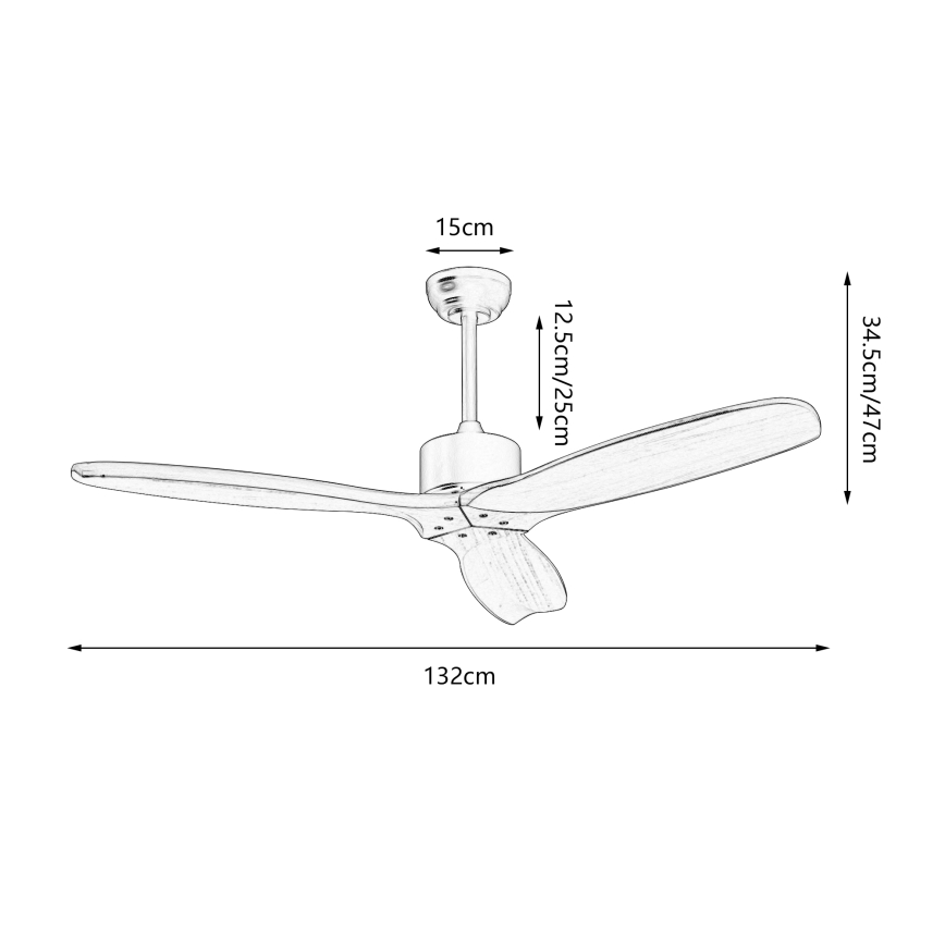 Trojlistý stropný ventilátor s drevenými lopatkami, rozpätím 132 cm a výškou 25 cm, je znázornený s rozmermi: priemer 15 cm pre stropnú časť, dĺžka lopatiek 34,5/47 cm.