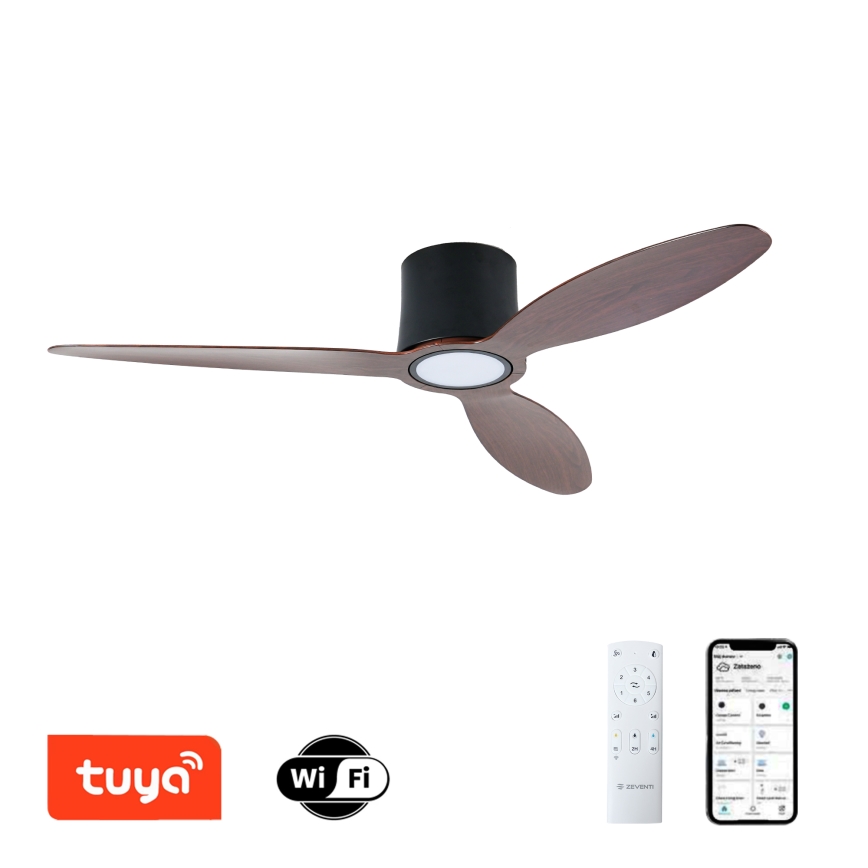 ZEVENTI - LED stmievateľný stropný ventilátor VENTORA LED/24W/230V 3000/4000/6000K Wi-Fi Tuya čierna/orech + diaľkové ovládanie