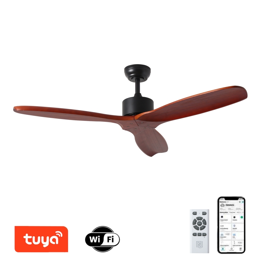 ZEVENTI - Stropný ventilátor CUENCA Wi-Fi Tuya čierna/dub + diaľkové ovládanie