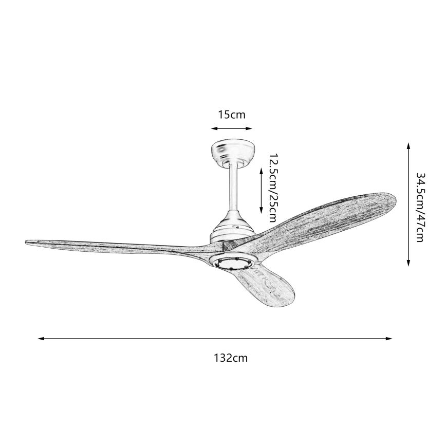 Trojlistý stropný ventilátor s drevenými lopatkami je znázornený v náčrte s rozmermi: priemer 132 cm, dĺžka lopatiek 34,5/47 cm, výška 12,5/25 cm a priemer stropného krytu 15 cm.