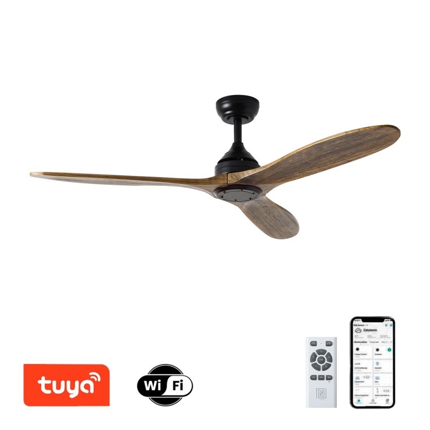 ZEVENTI - Stropný ventilátor LAURIA Wi-Fi Tuya čierna/dub + diaľkové ovládanie