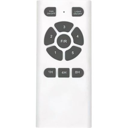 Diaľkové ovládanie riadi ventilátor a svetlo. Obsahuje tlačidlá pre zapínanie/vypínanie ventilátora a svetla, reguláciu rýchlosti (1-5), smer otáčania (F/R) a časovač (1H, 4H, 8H). Je biele s tmavými tlačidlami.