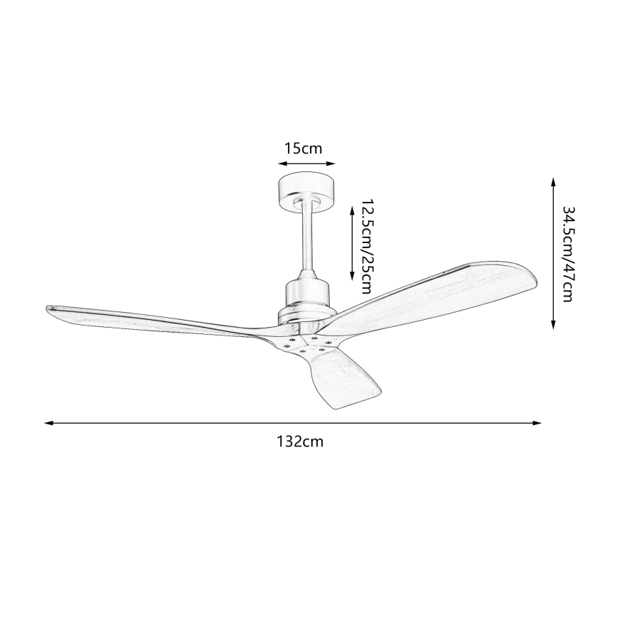 Trojlistý stropný ventilátor s drevenými lopatkami. Rozmery: priemer 132 cm, výška 12,5/25 cm, dĺžka lopatiek 34,5/47 cm, priemer uchytenia 15 cm.